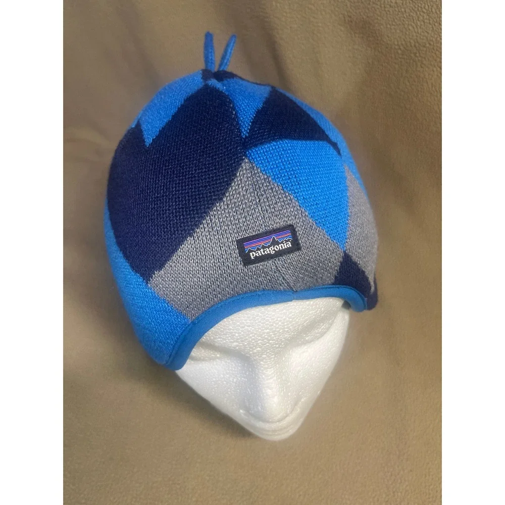 Patagonia‎ Kids Blue Geometric Knit Fleece Lined Earflap Beanie Hat